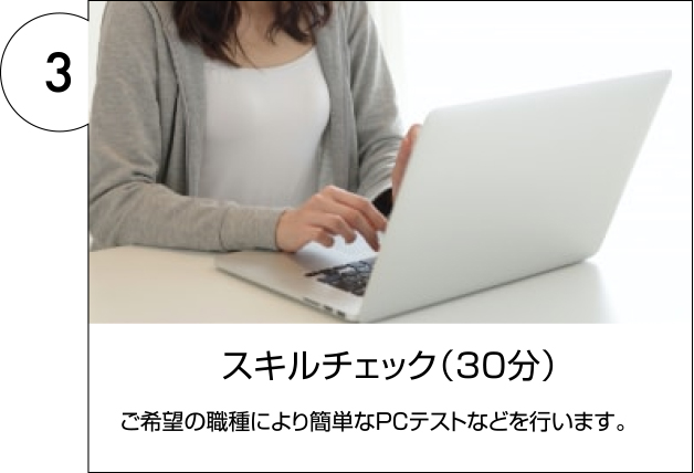 3.スキルチェック(30分)ご希望の職種により簡単なPCテストなどを行います。